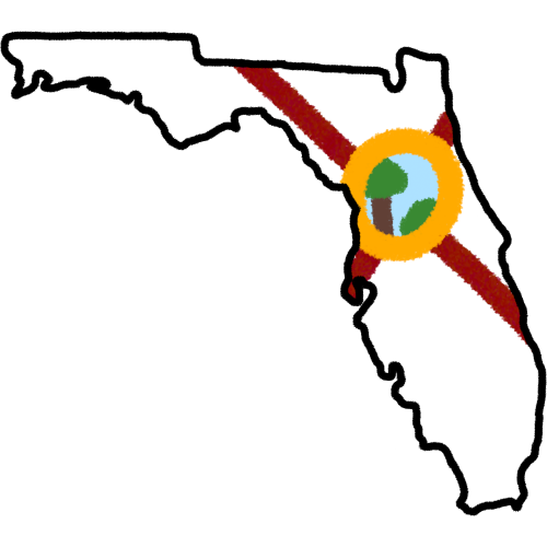 A land mass matching the shape of the USA state florida with a black outline and the interior matching the florida flag: white with a red X on top. ontop of the center of the X is a blue circle outlined in yellow and inside the blue circle is a tree and bush